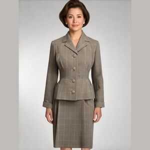 50s - 60s GRAY PLAID WOOL SUIT FITTED JACKET PLEATED SKIRT MCM CUSTOM MADE SZ S